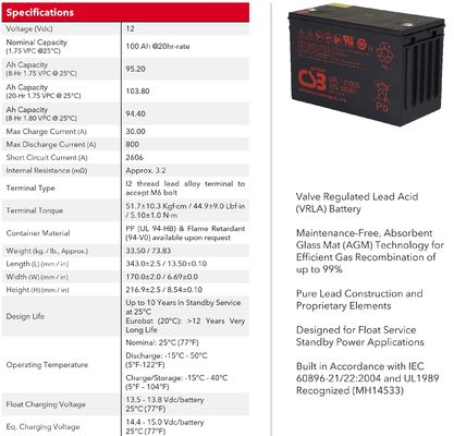 CSB Battery GPL121000 12V 100Ah Rechargeable Maintenance-Free Sealed Lead-Acid Batteries, DC Power Panels, VRLA Batteries 100Ah