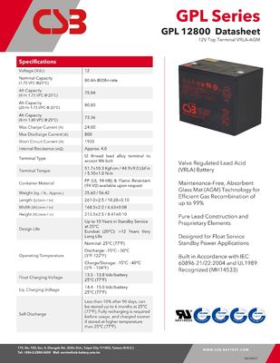 CSB Battery GPL12800 12V 80Ah Long Life Maintenance-Free Rechargeable VRLA CSB Lead Acid Battery for UPS