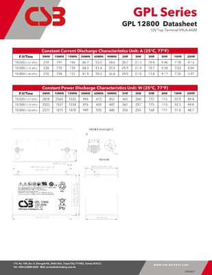 CSB Battery GPL12800 12V 80Ah Long Life Maintenance-Free Rechargeable VRLA CSB Lead Acid Battery for UPS